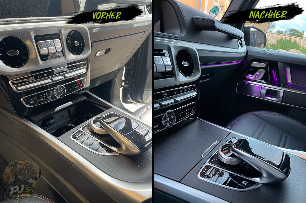 Vorher-Nachher-Vergleich eines gereinigten Mercedes G-Klasse Innenraums bei PJ's Autopflege