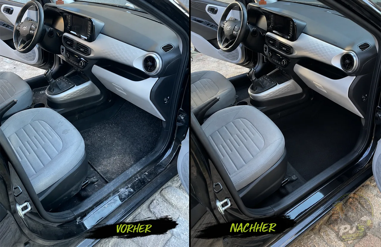 Vorher-Nachher-Vergleich eines gereinigten Hyundai i10 Innenraums bei PJ's Autopflege